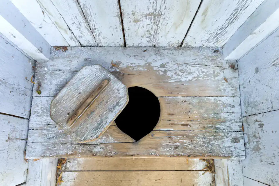 Interior of wooden outhouse toilet